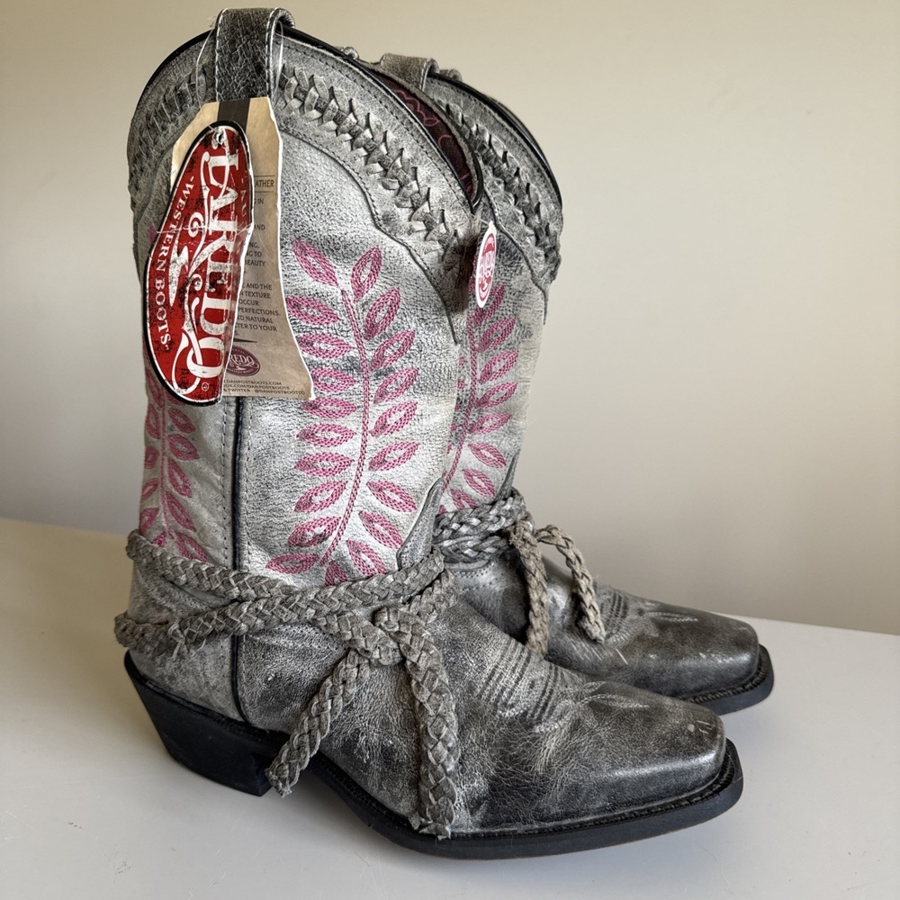 Laredo Fern Western Boots Grey / Pink Braided Leather Womens 8.5 cowgirl